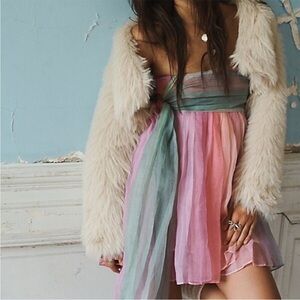 Free People Strapless Dress in Pink, Green, and Purple new with tag Size Small